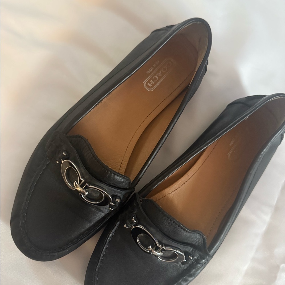 Coach Black Leather Flats with Silver Accents